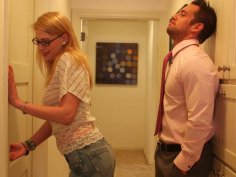 Slutty blond nerd Allie James sucks a cock in the hall